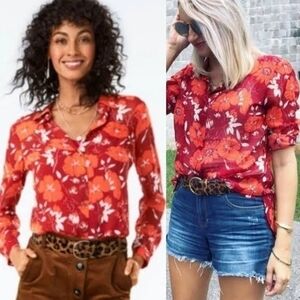 CAbi Red and Orange Floral Blouse